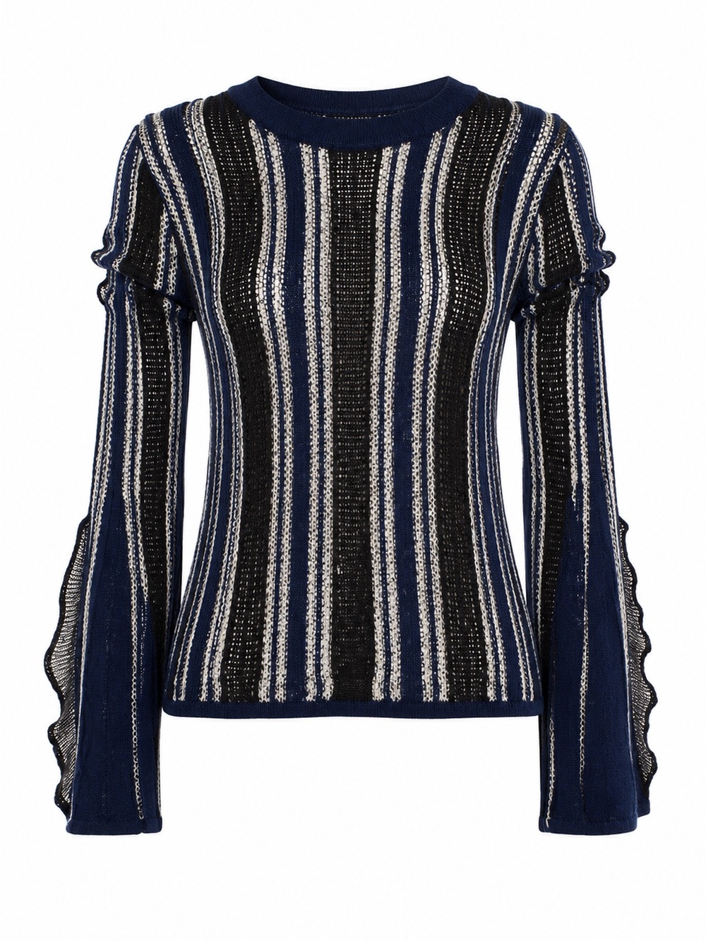 Women's Navy Striped Crewneck Sweater with Ruffled Sleeves